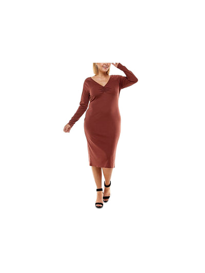 PLANET GOLD Womens Brown Stretch Ruched Long Sleeve V Neck Below The Knee Cocktail Sheath Dress Plus 1X