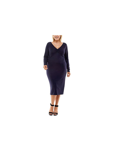 PLANET GOLD Womens Navy Stretch Ruched Long Sleeve V Neck Below The Knee Cocktail Sheath Dress Plus 3X