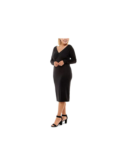PLANET GOLD Womens Black Stretch Ruched Twisted Back Cutout Long Sleeve V Neck Below The Knee Cocktail Sheath Dress Plus 1X
