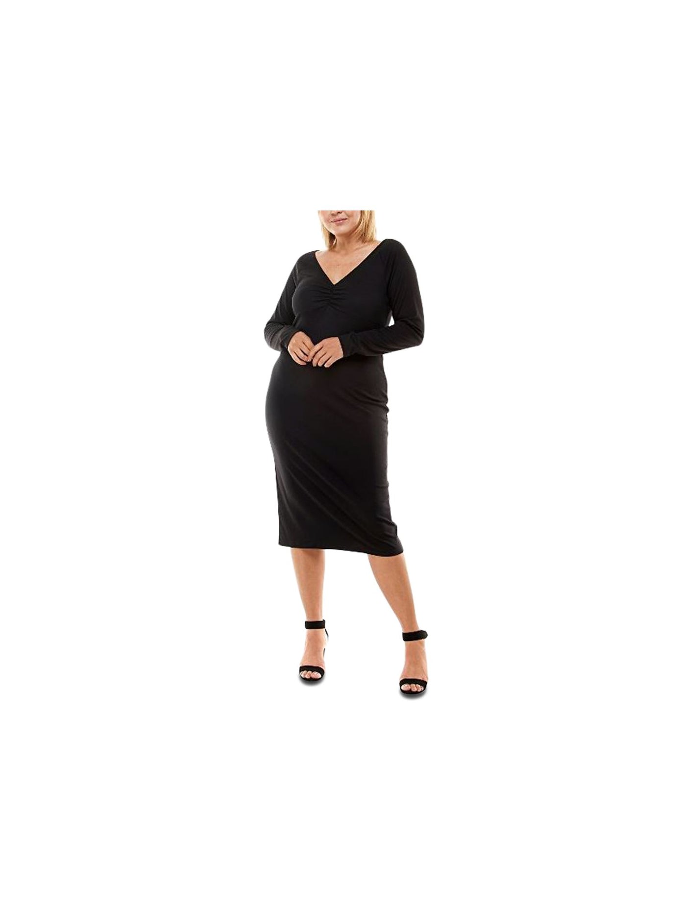 PLANET GOLD Womens Black Stretch Ruched Twisted Back Cutout Long Sleeve V Neck Below The Knee Cocktail Sheath Dress Plus 3X