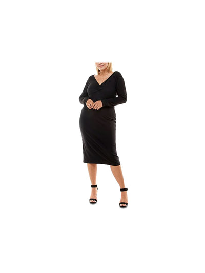 PLANET GOLD PLUS Womens Black Stretch Ruched Twisted Back Cutout Long Sleeve V Neck Below The Knee Cocktail Sheath Dress Plus 1X