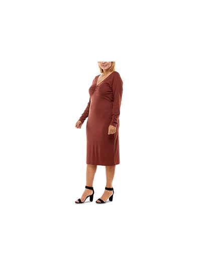 PLANET GOLD Womens Brown Stretch Ruched Long Sleeve V Neck Below The Knee Cocktail Sheath Dress Plus 1X