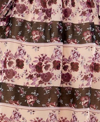 CRYSTAL DOLLS Womens Purple Ruffled Sheer Lined Tie Keyhole Closure Floral 3/4 Sleeve V Neck Above The Knee Cocktail A-Line Dress