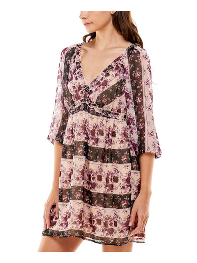 CRYSTAL DOLLS Womens Purple Ruffled Sheer Lined Tie Keyhole Closure Floral 3/4 Sleeve V Neck Above The Knee Cocktail A-Line Dress XS