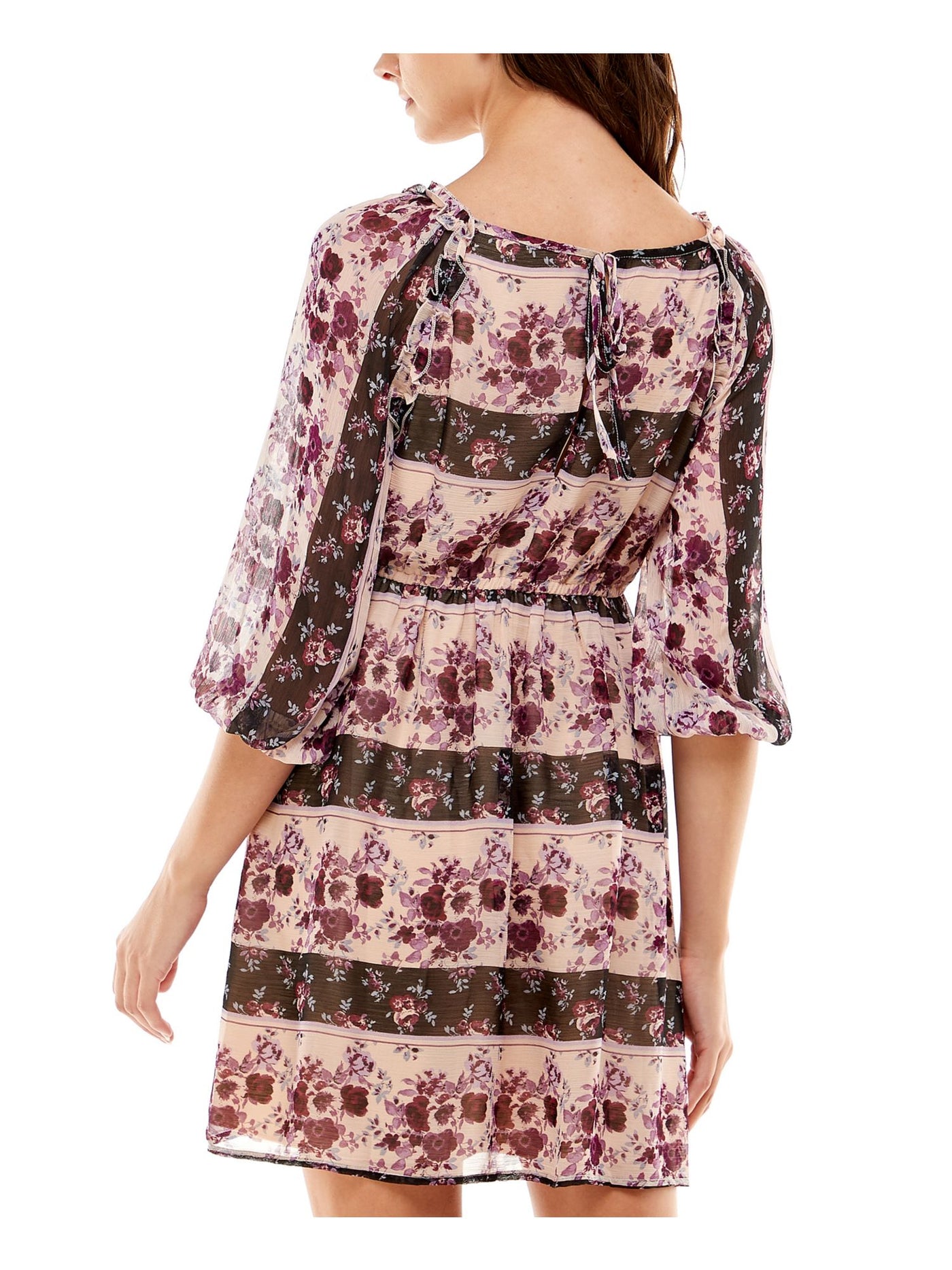 CRYSTAL DOLLS Womens Ruffled Floral 3/4 Sleeve V Neck Above The Knee Cocktail A-Line Dress Juniors