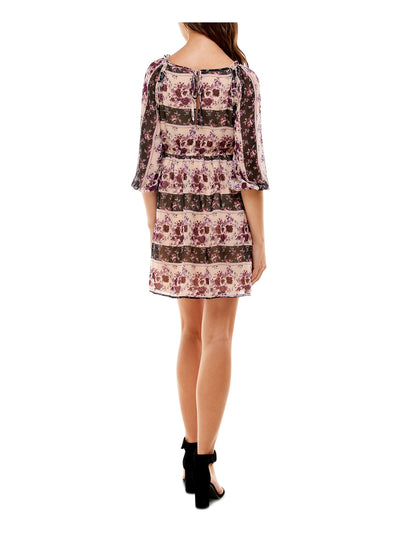 CRYSTAL DOLLS Womens Purple Ruffled Sheer Lined Tie Keyhole Closure Floral 3/4 Sleeve V Neck Above The Knee Cocktail A-Line Dress XS
