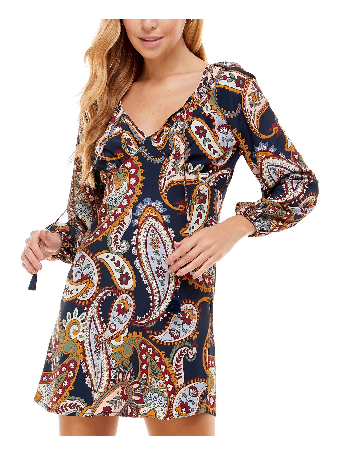 CITY STUDIO Womens Navy Printed Blouson Sleeve V Neck Short Party Shift Dress XS