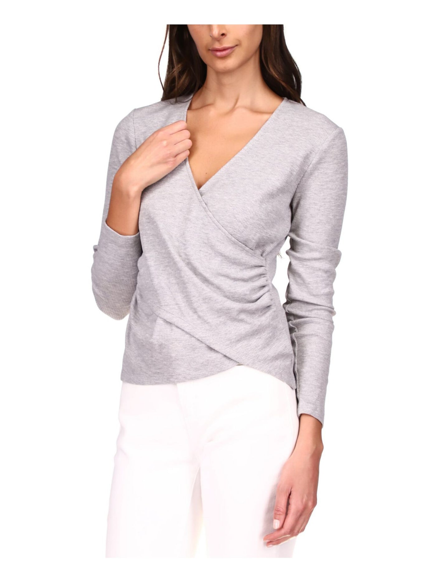 MICHAEL MICHAEL KORS Womens Gray Ruched Long Sleeve Surplice Neckline Faux Wrap Top Petites P\S