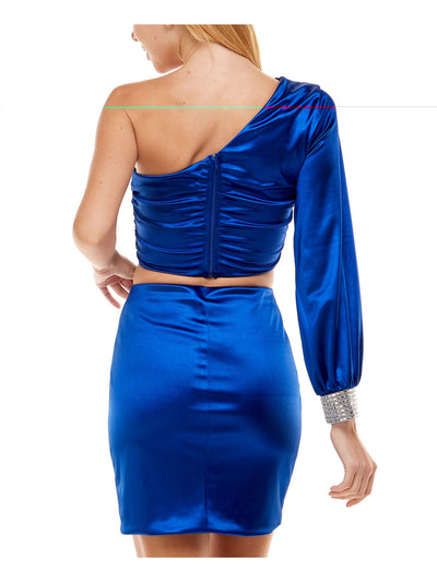 CITY STUDIO Womens Blue Rhinestone Zippered Ruched Lined Slitted Blouson Sleeve Asymmetrical Neckline Short Party Body Con Dress 9