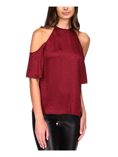 MICHAEL KORS Womens Burgundy Cold Shoulder Keyhole Back Flutter Sleeve Crew Neck Top Petites P\XL