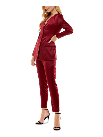 CITY STUDIO Womens Burgundy Stretch Pocketed Short Length Slim Elastic-waist Pull-on Formal Blazer Straight leg Pant Suit Juniors 1