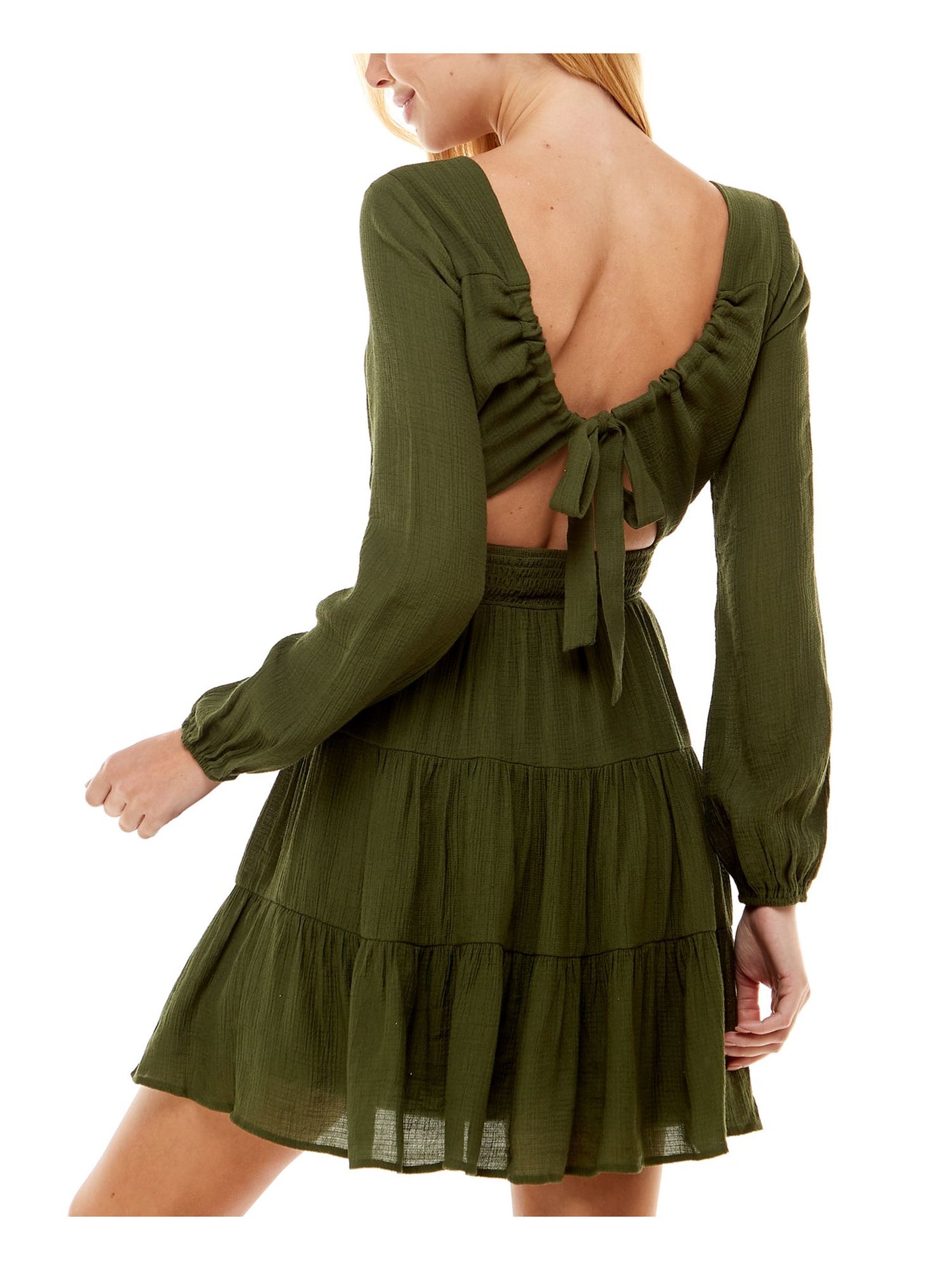 CITY STUDIO Womens Green Smocked Textured Tie Neck Long Sleeve V Neck Short Party Fit + Flare Dress XXL