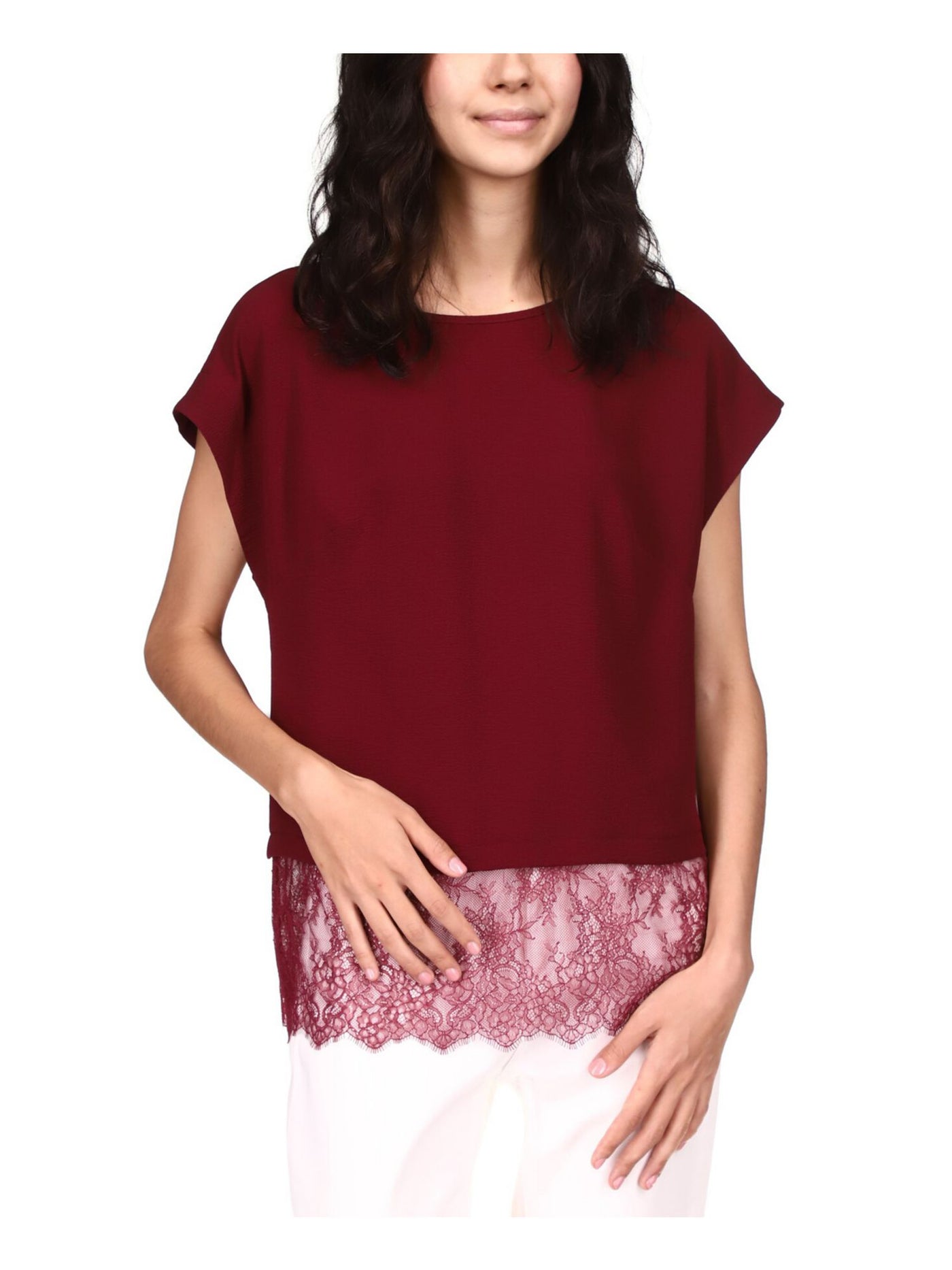 MICHAEL MICHAEL KORS Womens Maroon Textured Keyhole Back Lace Hem Cap Sleeve Crew Neck Wear To Work Top L