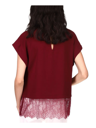 MICHAEL MICHAEL KORS Womens Maroon Textured Keyhole Back Lace Hem Cap Sleeve Crew Neck Wear To Work Top L