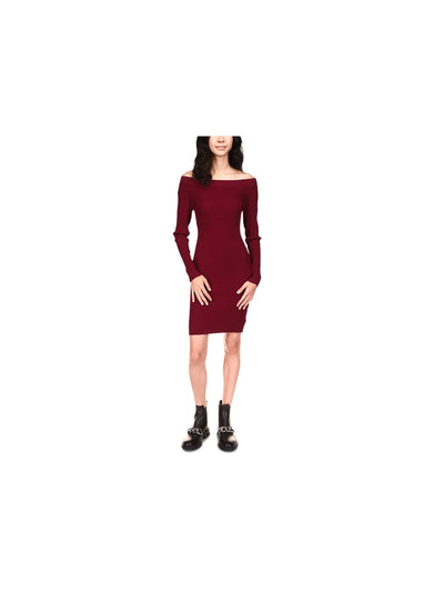 MICHAEL MICHAEL KORS Womens Burgundy Ribbed Pullover Long Sleeve Off Shoulder Above The Knee Party Body Con Dress L