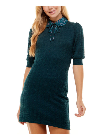 KINGSTON GREY Womens Green Stretch Tie Pouf Sleeve Peter Pan Collar Mini Sweater Dress Juniors M