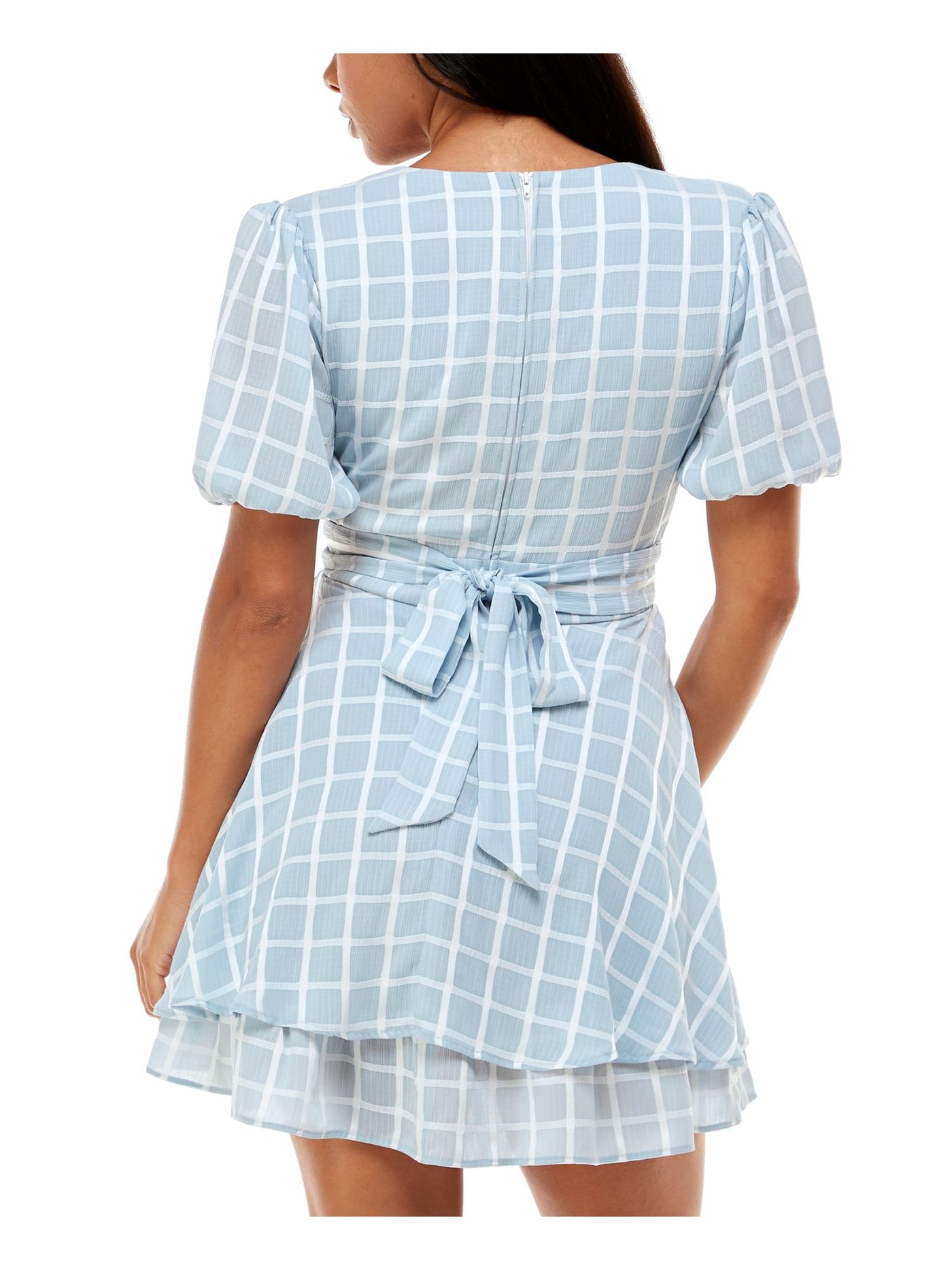 B DARLIN Womens Light Blue Stretch Zippered Tie Ruffled Pleated Lined Short Sleeve Surplice Neckline Mini Party Fit + Flare Dress 7\8