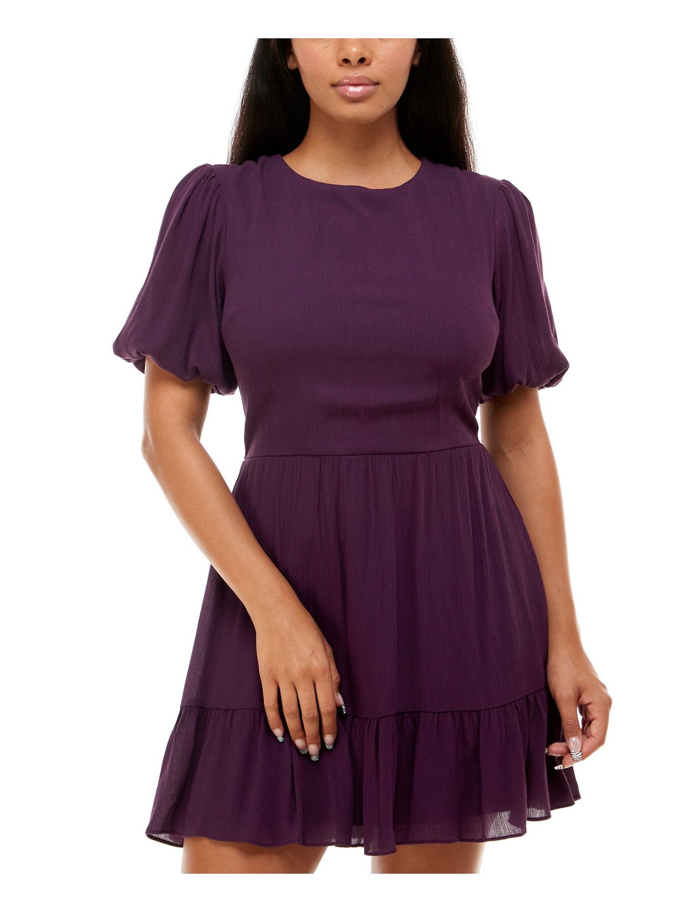 B DARLIN Womens Purple Smocked Ruffled Keyhole Tie Back Lined Pouf Sleeve Jewel Neck Short Fit + Flare Dress 11\12