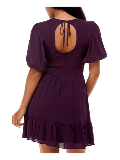 B DARLIN Womens Purple Smocked Ruffled Keyhole Tie Back Lined Pouf Sleeve Jewel Neck Short Fit + Flare Dress 11\12