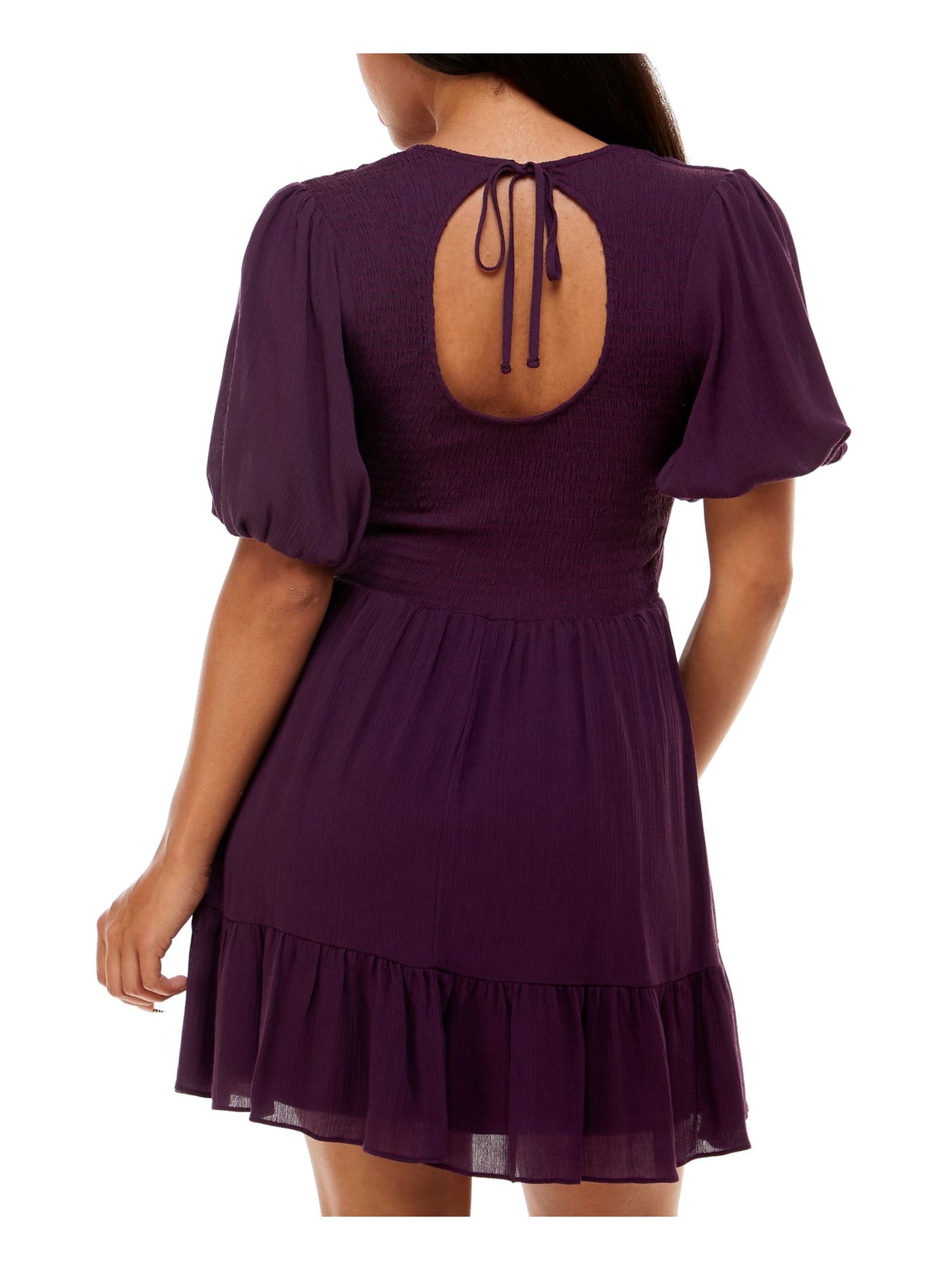 B DARLIN Womens Purple Smocked Ruffled Keyhole Tie Back Lined Pouf Sleeve Jewel Neck Short Fit + Flare Dress 15\16