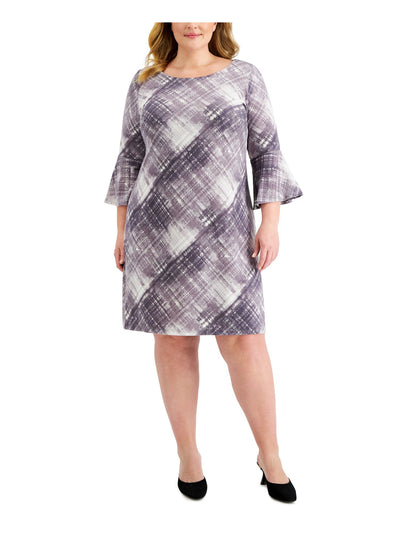 CONNECTED APPAREL Womens Purple Stretch Plaid Bell Sleeve Round Neck Above The Knee Wear To Work Fit + Flare Dress Plus 18W