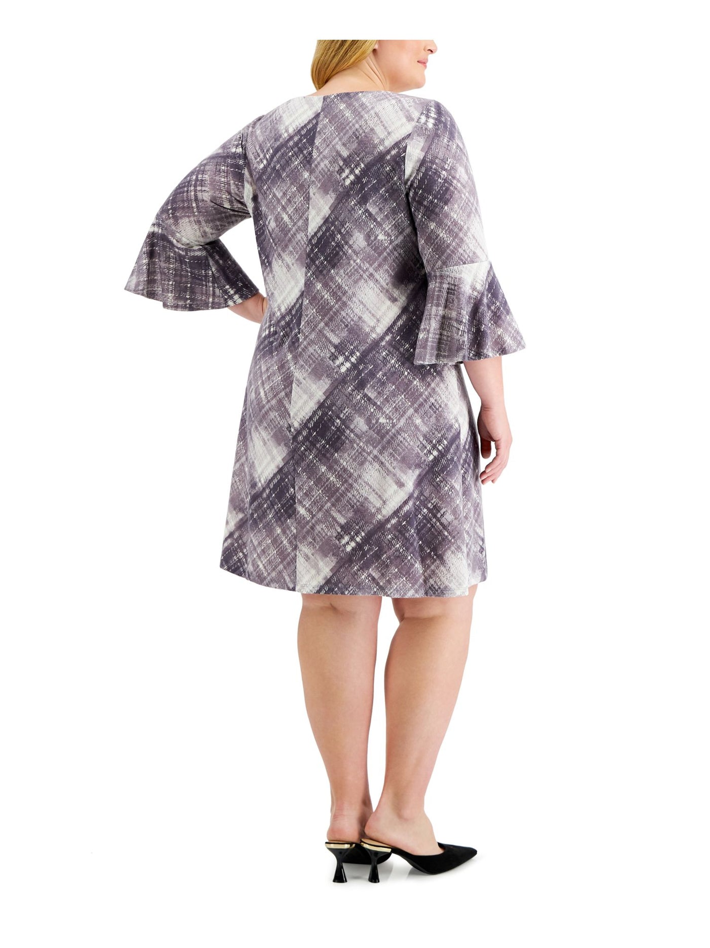 CONNECTED APPAREL Womens Purple Stretch Plaid Bell Sleeve Round Neck Above The Knee Wear To Work Fit + Flare Dress Plus 18W