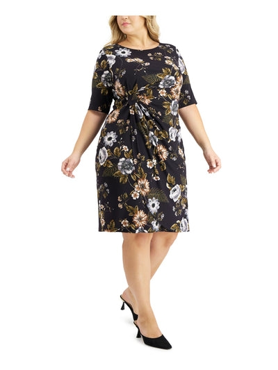 CONNECTED APPAREL Womens Black Floral Elbow Sleeve Round Neck Knee Length Evening Sheath Dress Plus 22W
