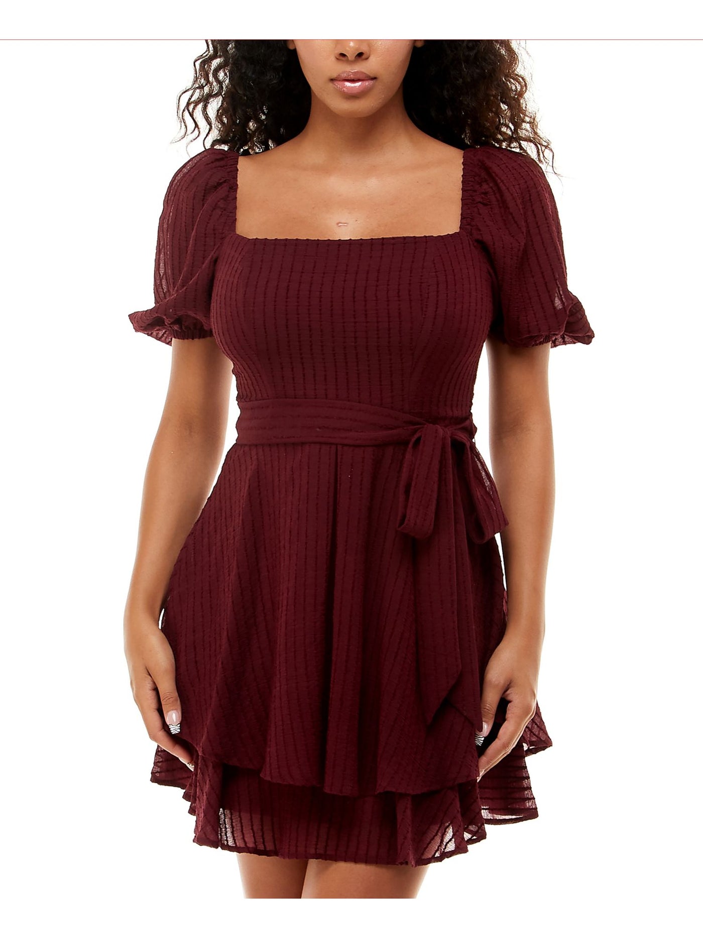 B DARLIN Womens Maroon Zippered Belted Tiered Skirt Pouf Sleeve Square Neck Above The Knee Wear To Work Fit + Flare Dress Juniors 13\14