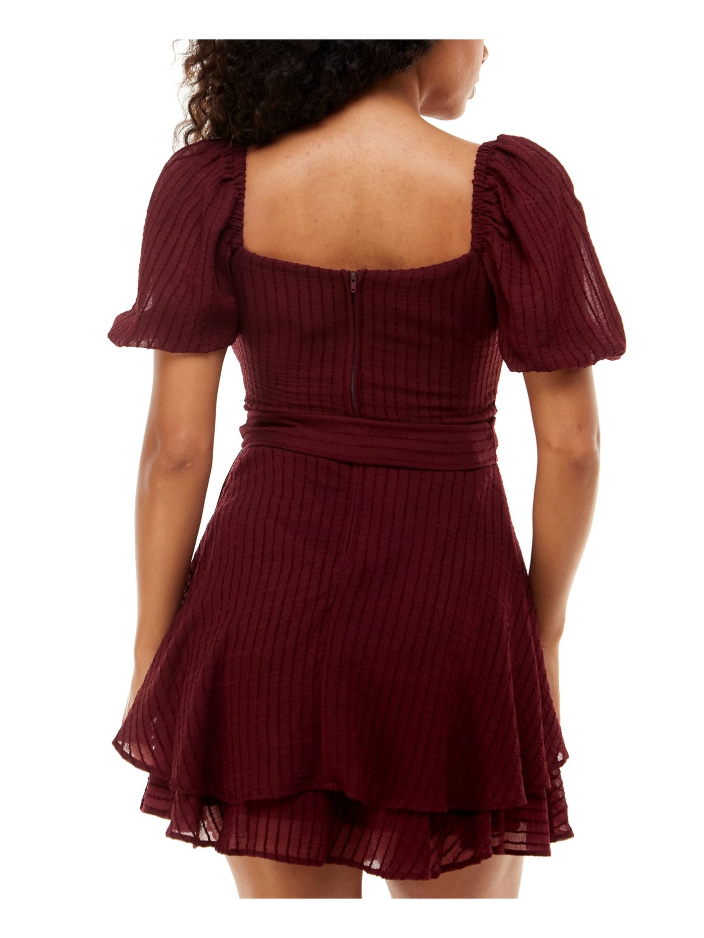 B DARLIN Womens Maroon Zippered Belted Tiered Skirt Pouf Sleeve Square Neck Above The Knee Wear To Work Fit + Flare Dress 7\8