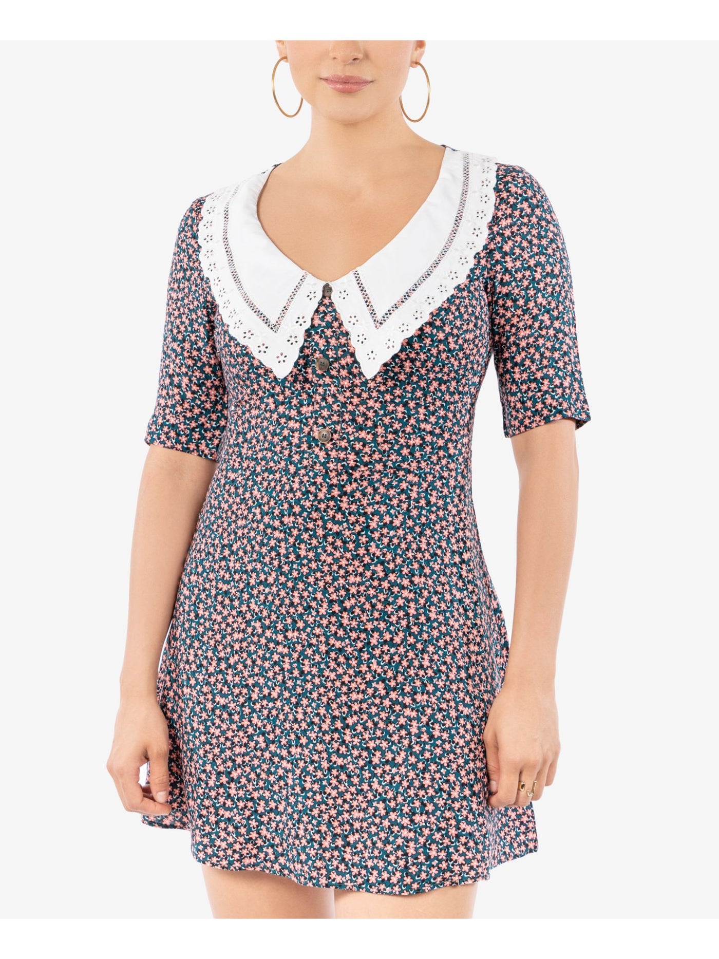 B DARLIN Womens Zippered Eyelet Crochet-trim Collar Elbow Sleeve V Neck Mini Party A-Line Dress