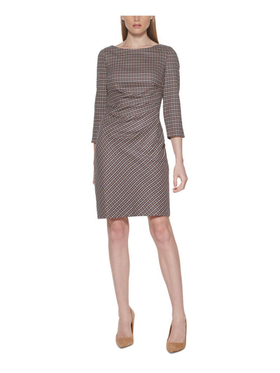 JESSICA HOWARD Womens Brown Zippered Ruched Lined Houndstooth 3/4 Sleeve Boat Neck Above The Knee Wear To Work Sheath Dress Petites 12P