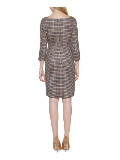 JESSICA HOWARD Womens Brown Zippered Ruched Lined Houndstooth 3/4 Sleeve Boat Neck Above The Knee Wear To Work Sheath Dress Petites 12P