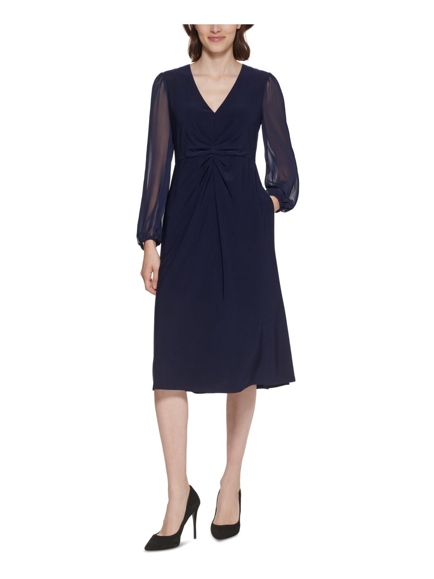 JESSICA HOWARD Womens Navy Ruched Zippered Lined Bodice Sheer Long Sleeve V Neck Below The Knee Fit + Flare Dress Petites 6P