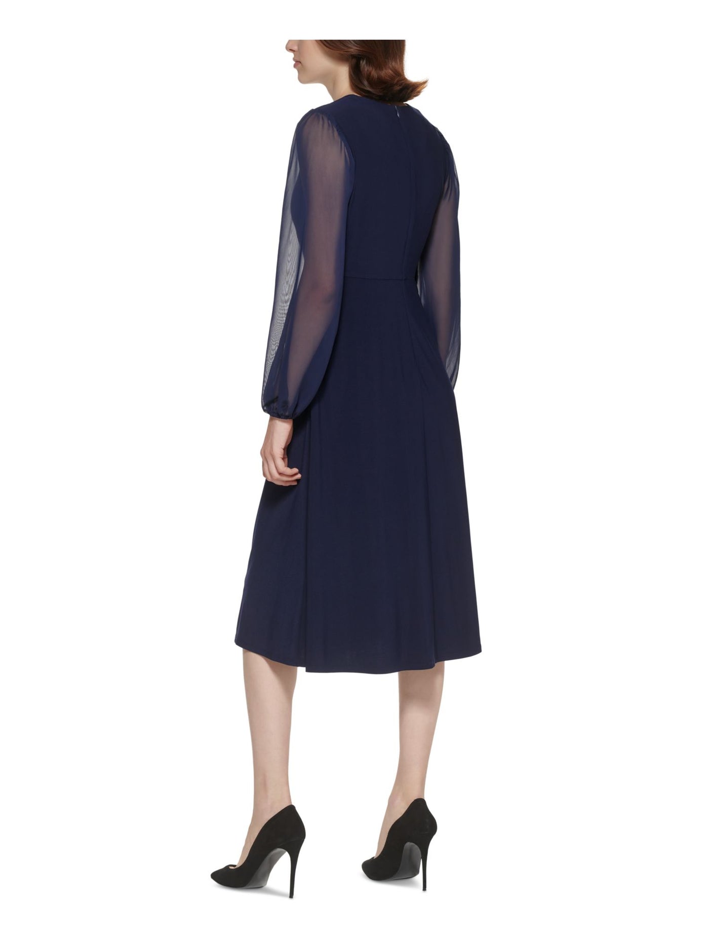 JESSICA HOWARD Womens Navy Ruched Zippered Lined Bodice Sheer Long Sleeve V Neck Below The Knee Fit + Flare Dress Petites 6P