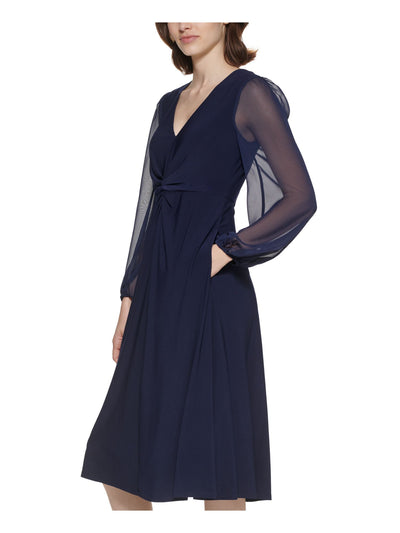 JESSICA HOWARD Womens Navy Ruched Zippered Lined Bodice Sheer Long Sleeve V Neck Below The Knee Fit + Flare Dress Petites 6P