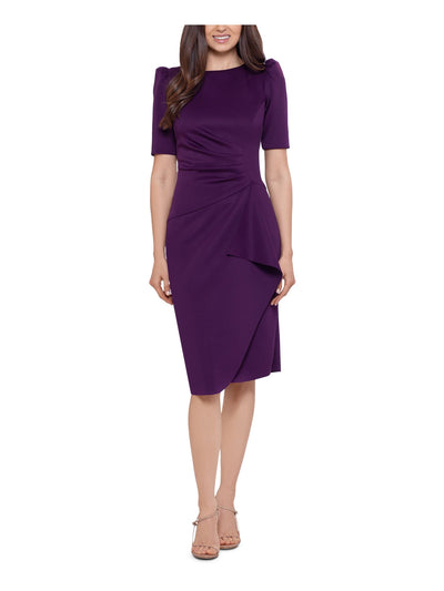 XSCAPE Womens Purple Pleated Ruched Partially Lined Pouf Sleeve Round Neck Below The Knee Wear To Work Sheath Dress Petites 4P