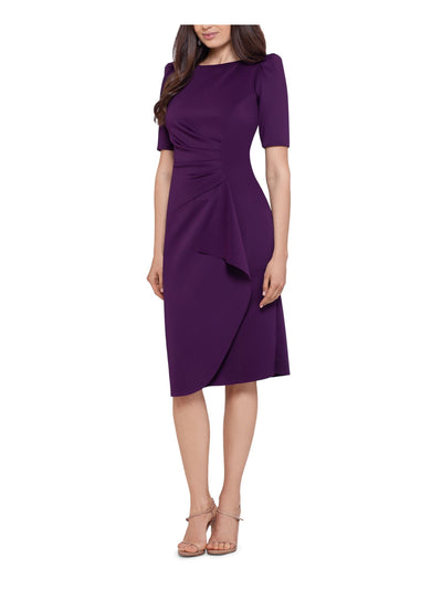 XSCAPE Womens Purple Pleated Ruched Partially Lined Pouf Sleeve Round Neck Below The Knee Wear To Work Sheath Dress Petites 4P