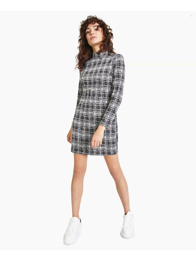 BAR III Womens Black Zippered Plaid Long Sleeve Mock Neck Short Sheath Dress L