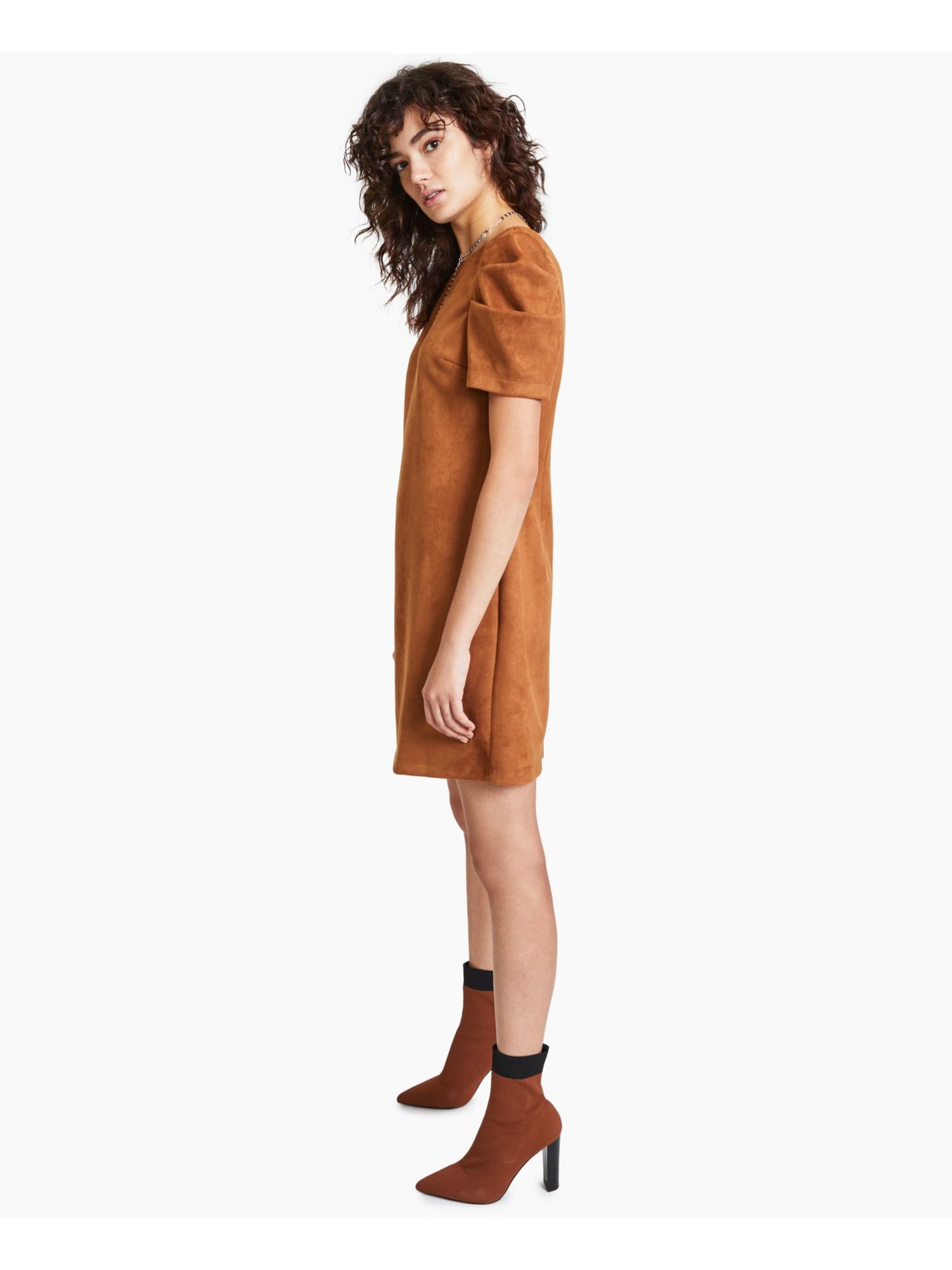 BAR III Womens Brown Zippered Pouf Sleeve Round Neck Above The Knee Party Shift Dress XS