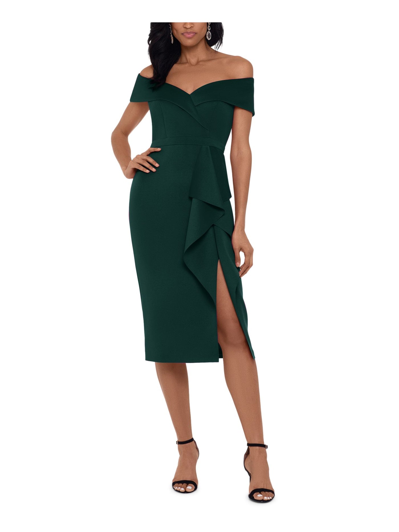 XSCAPE Womens Green Zippered Ruffled Scuba Waterfall Short Sleeve Off Shoulder Midi Formal Sheath Dress 8