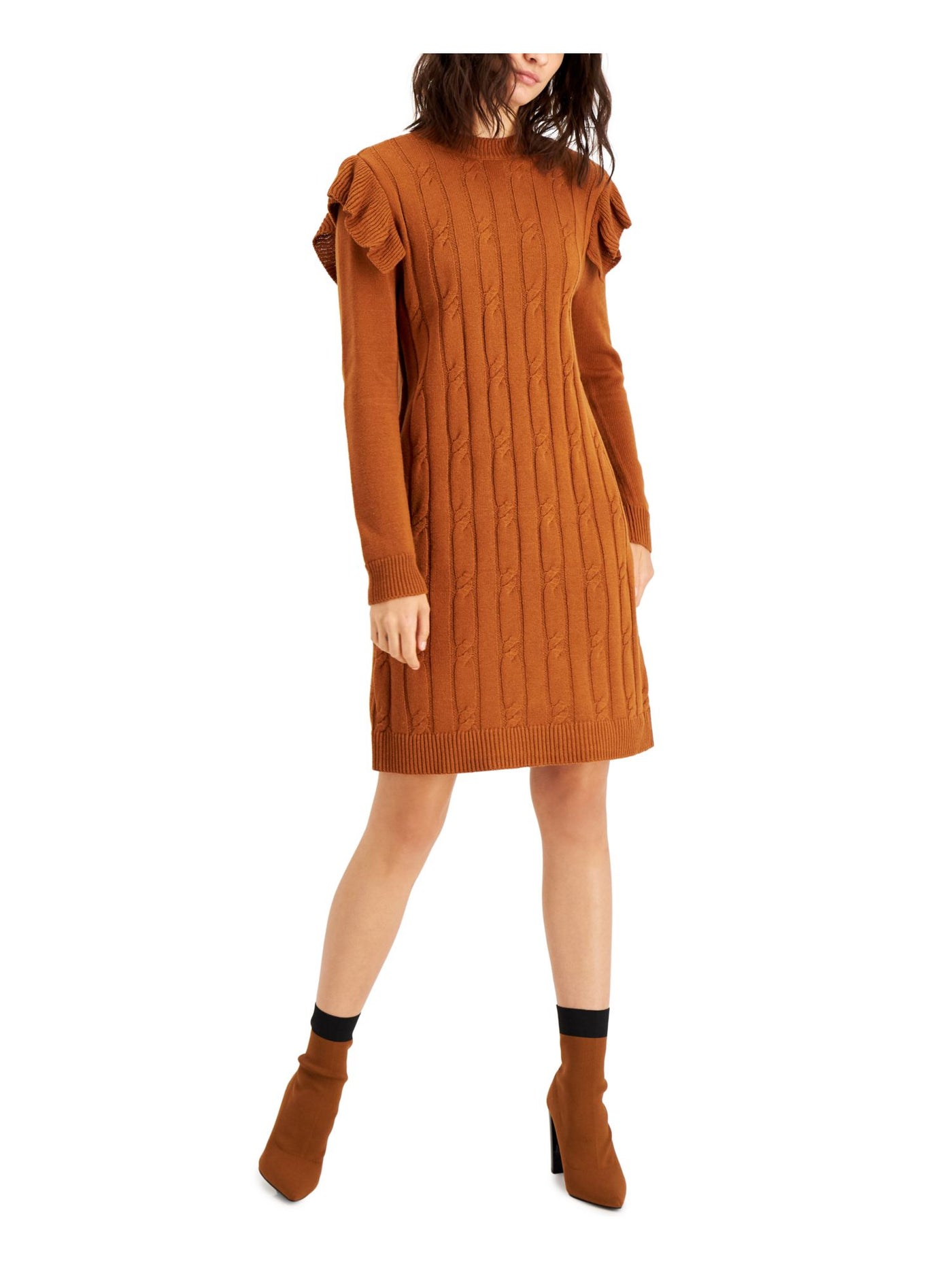 BAR III DRESSES Womens Brown Ruffled Cable-knit Front Long Sleeve Crew Neck Above The Knee Sweater Dress XS