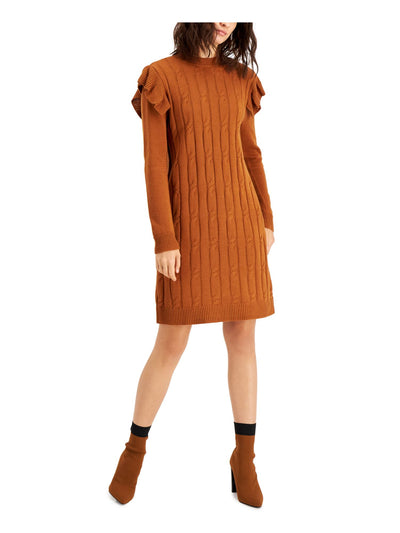 BAR III DRESSES Womens Brown Ruffled Cable-knit Front Long Sleeve Crew Neck Above The Knee Sweater Dress L