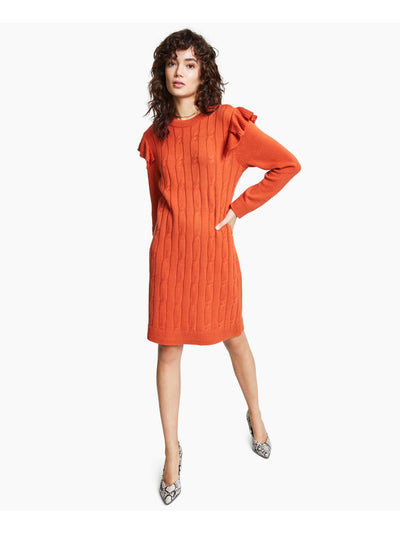 BAR III Womens Orange Ruffled Cable-knit Front Long Sleeve Crew Neck Above The Knee Sweater Dress XL