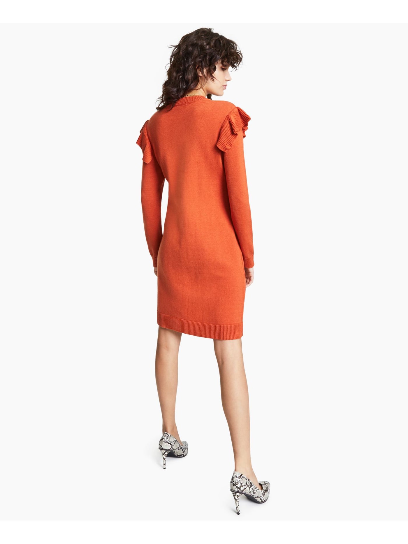 BAR III Womens Orange Ruffled Cable-knit Front Long Sleeve Crew Neck Above The Knee Sweater Dress XS