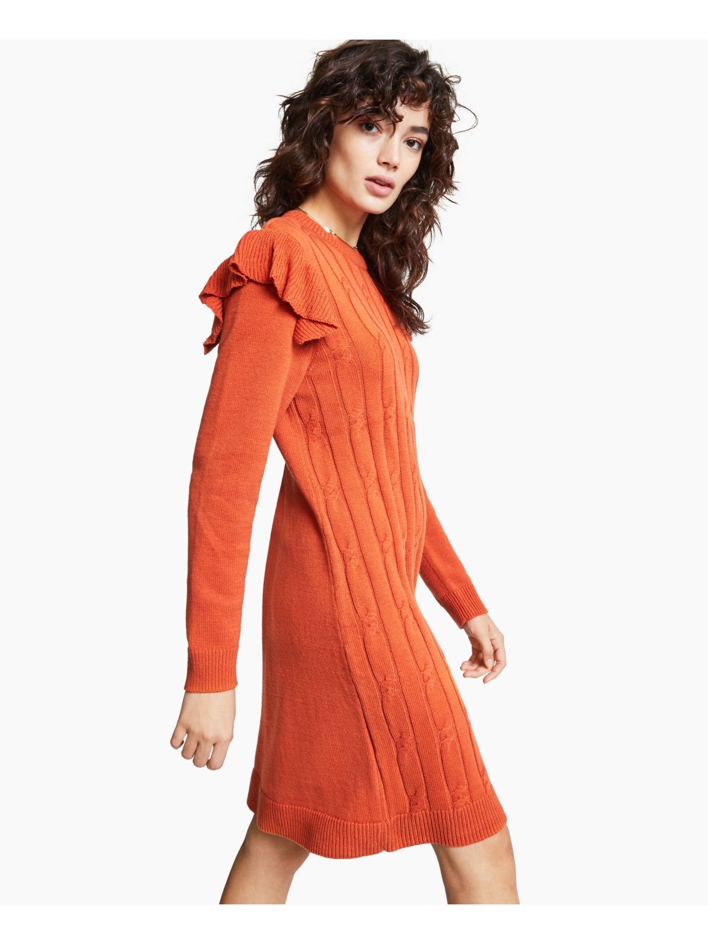 BAR III DRESSES Womens Orange Ruffled Cable-knit Front Long Sleeve Crew Neck Above The Knee Sweater Dress S