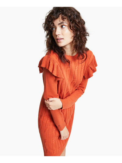 BAR III Womens Orange Ruffled Cable-knit Front Long Sleeve Crew Neck Above The Knee Sweater Dress L