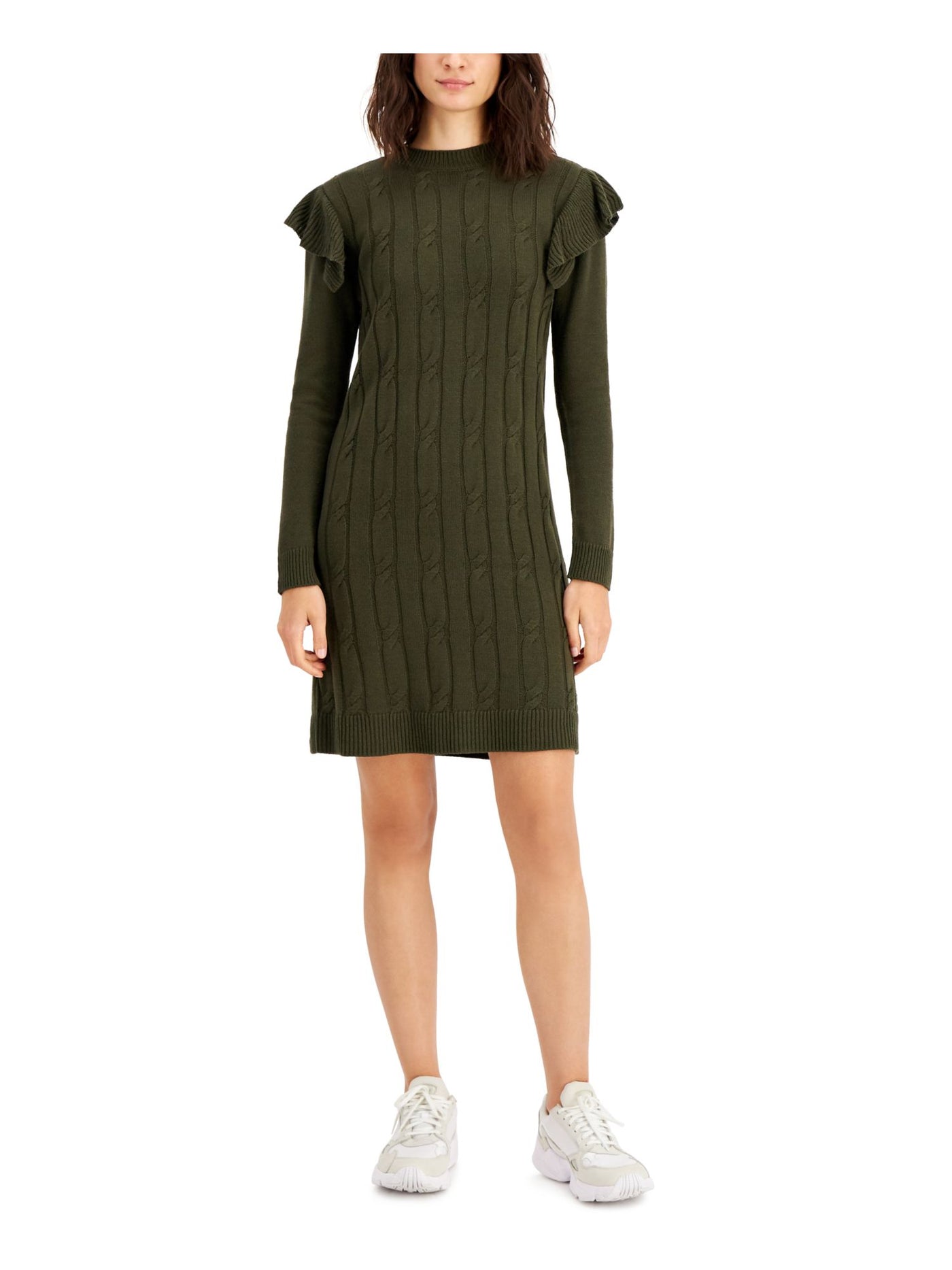 BAR III Womens Green Ruffled Cable-knit Unlined Pullover Long Sleeve Crew Neck Above The Knee Sweater Dress L