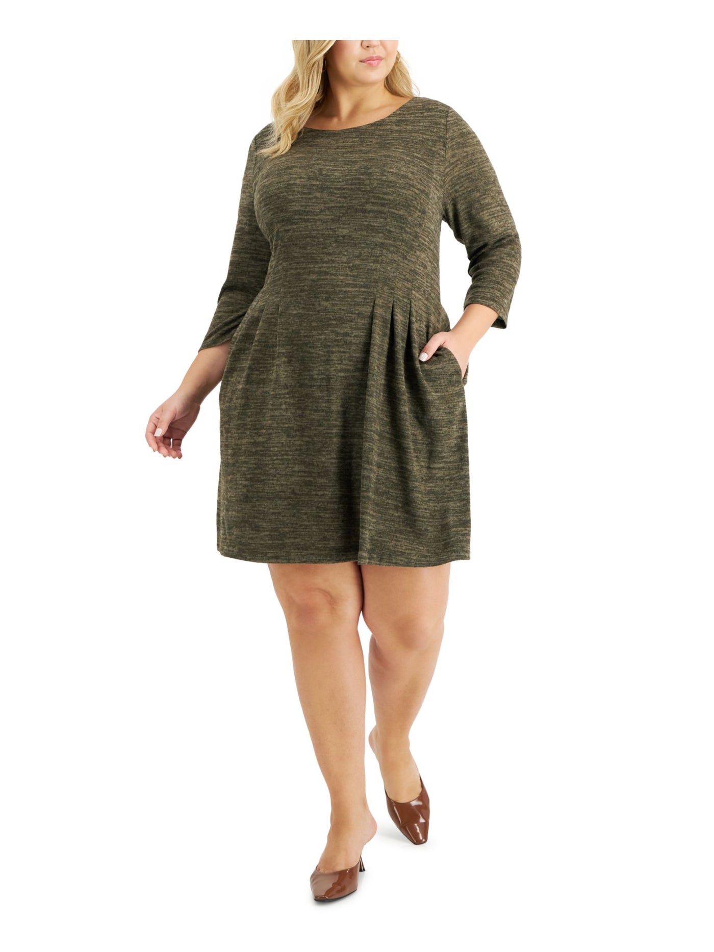 CONNECTED APPAREL Womens Green Jersey Pocketed Unlined Heather 3/4 Sleeve Round Neck Above The Knee Wear To Work Sheath Dress Plus 22W