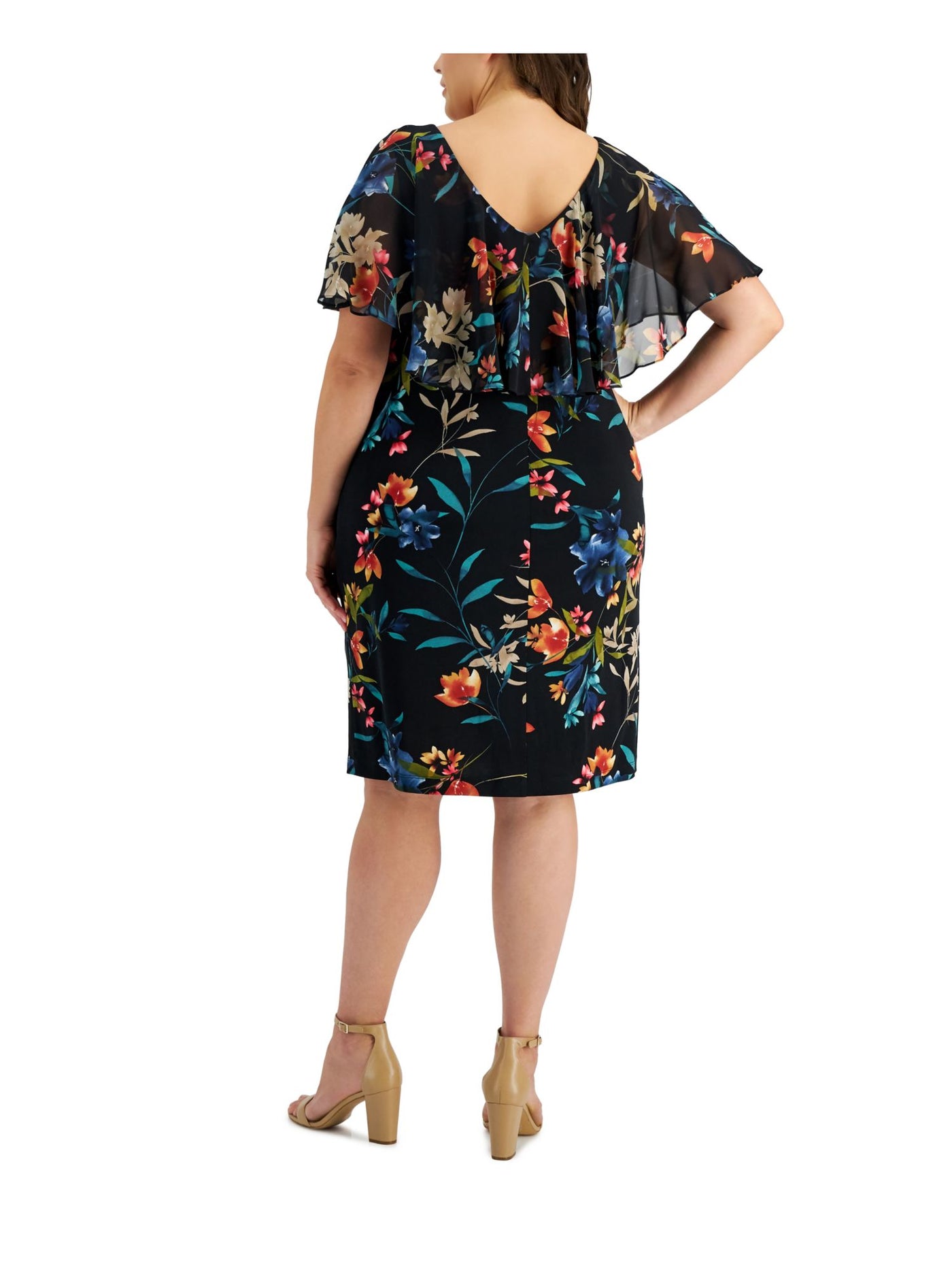 CONNECTED APPAREL Womens Navy Zippered Floral Short Sleeve V Neck Knee Length Sheath Dress Plus 20W