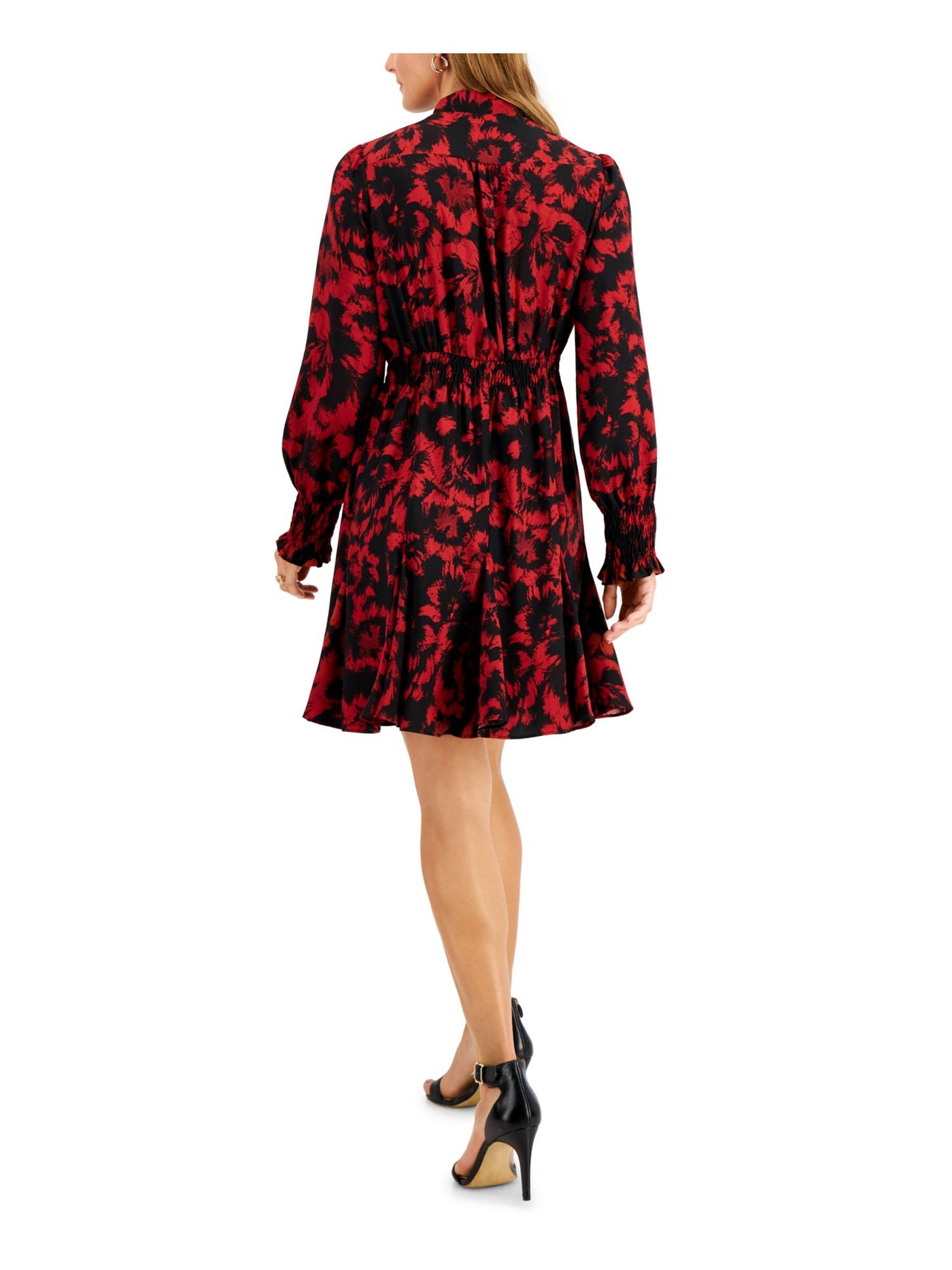 TAYLOR PETITE Womens Red Tie Smocked Unlined Pleated Floral Pouf Sleeve V Neck Above The Knee Party A-Line Dress Petites 14P